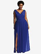 Front View Thumbnail - Cobalt Blue Sleeveless Draped Chiffon Maxi Dress with Front Slit