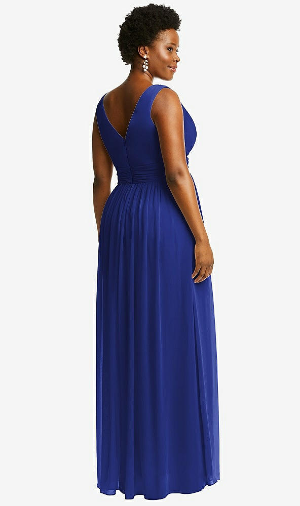 Back View - Cobalt Blue Sleeveless Draped Chiffon Maxi Dress with Front Slit
