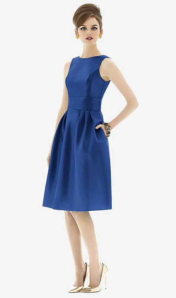 Front View - Classic Blue Alfred Sung Open Back Cocktail Dress D660