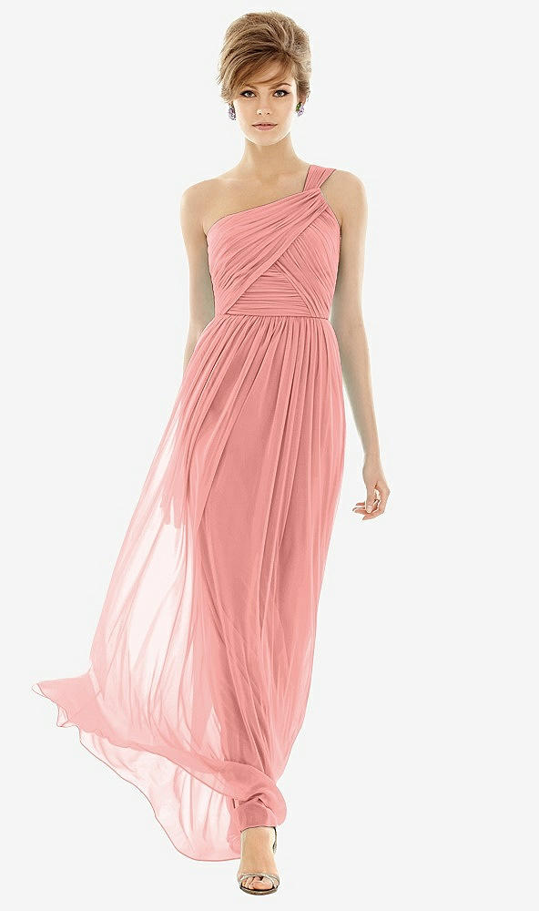 Front View - Apricot One Shoulder Assymetrical Draped Bodice Dress