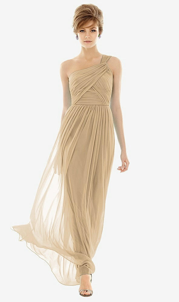 Front View - Golden One Shoulder Assymetrical Draped Bodice Dress