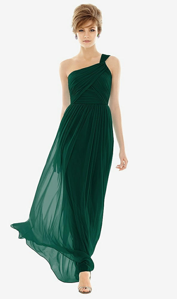 Front View - Hunter Green One Shoulder Assymetrical Draped Bodice Dress