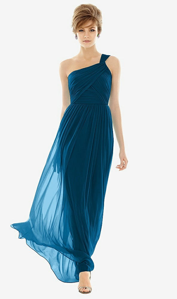Front View - Ocean Blue One Shoulder Assymetrical Draped Bodice Dress