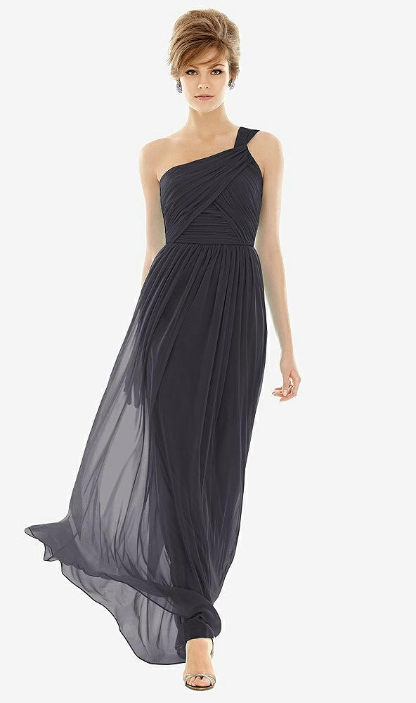 Front View - Onyx One Shoulder Assymetrical Draped Bodice Dress