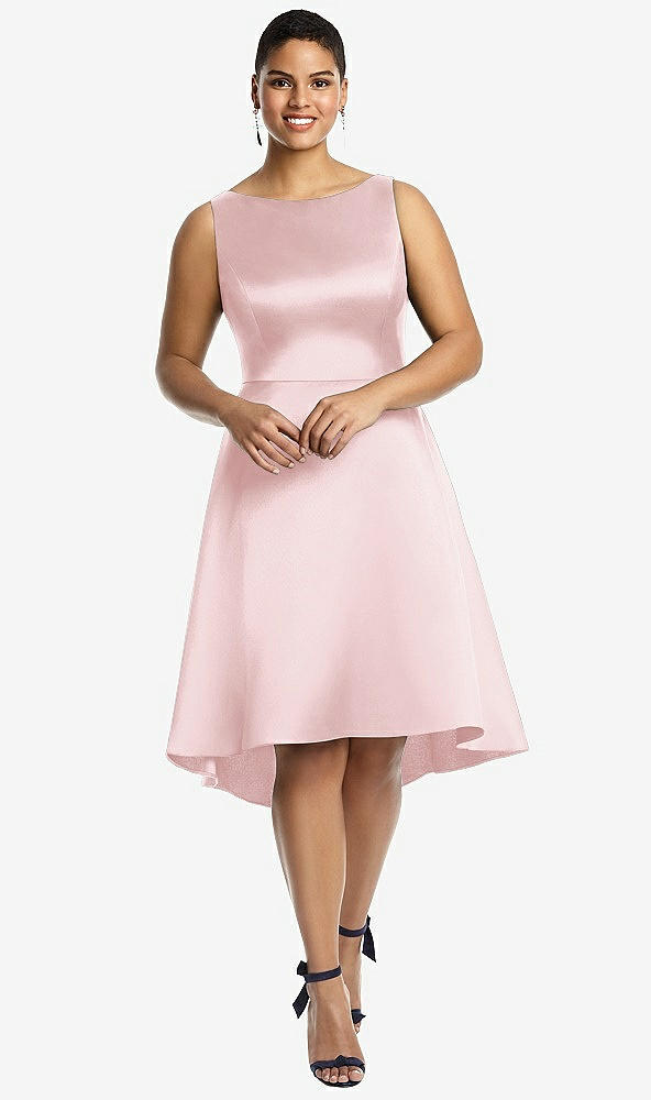 Front View - Ballet Pink Bateau Neck Satin High Low Cocktail Dress