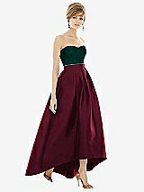 Alt View 1 Thumbnail - Cabernet & Evergreen Strapless Satin High Low Dress with Pockets