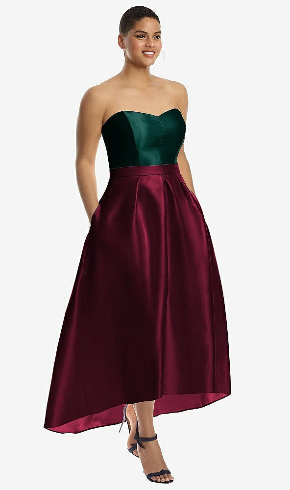 Front View - Cabernet & Evergreen Strapless Satin High Low Dress with Pockets