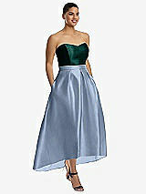 Front View Thumbnail - Cloudy & Evergreen Strapless Satin High Low Dress with Pockets