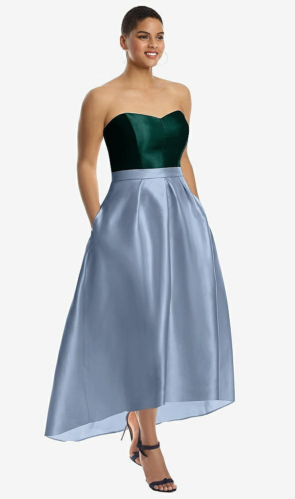 Front View - Cloudy & Evergreen Strapless Satin High Low Dress with Pockets