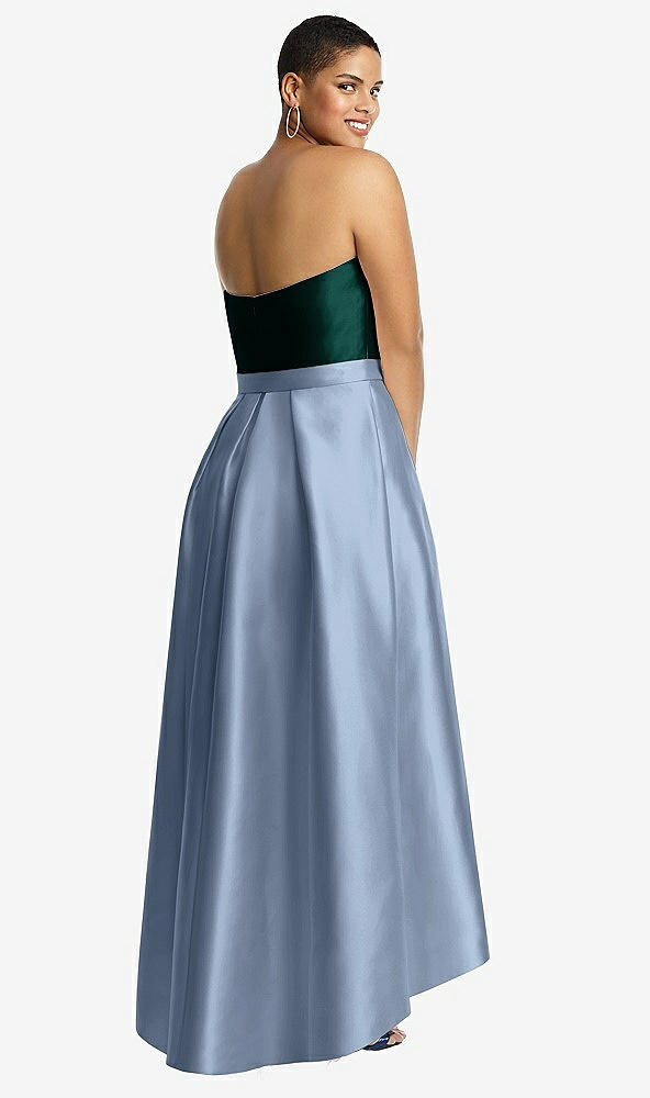 Back View - Cloudy & Evergreen Strapless Satin High Low Dress with Pockets