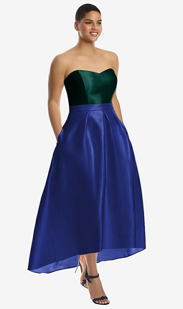 Front View - Cobalt Blue & Evergreen Strapless Satin High Low Dress with Pockets