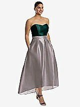 Front View Thumbnail - Cashmere Gray & Evergreen Strapless Satin High Low Dress with Pockets