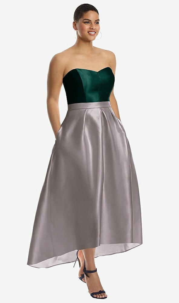 Front View - Cashmere Gray & Evergreen Strapless Satin High Low Dress with Pockets