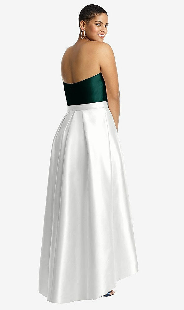 Back View - White & Evergreen Strapless Satin High Low Dress with Pockets