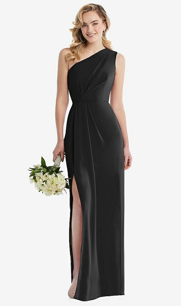 Front View - Black One-Shoulder Draped Bodice Column Gown