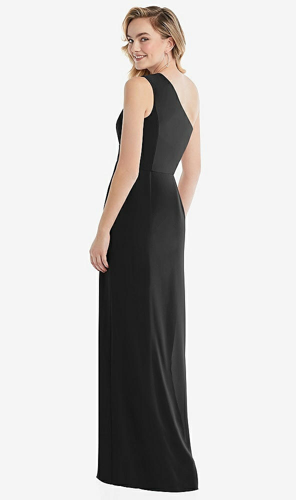 Back View - Black One-Shoulder Draped Bodice Column Gown