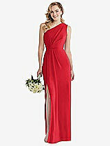 Front View Thumbnail - Parisian Red One-Shoulder Draped Bodice Column Gown