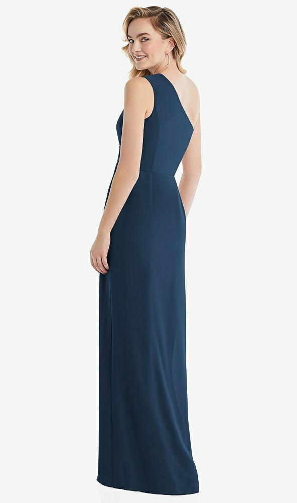 Back View - Sofia Blue One-Shoulder Draped Bodice Column Gown