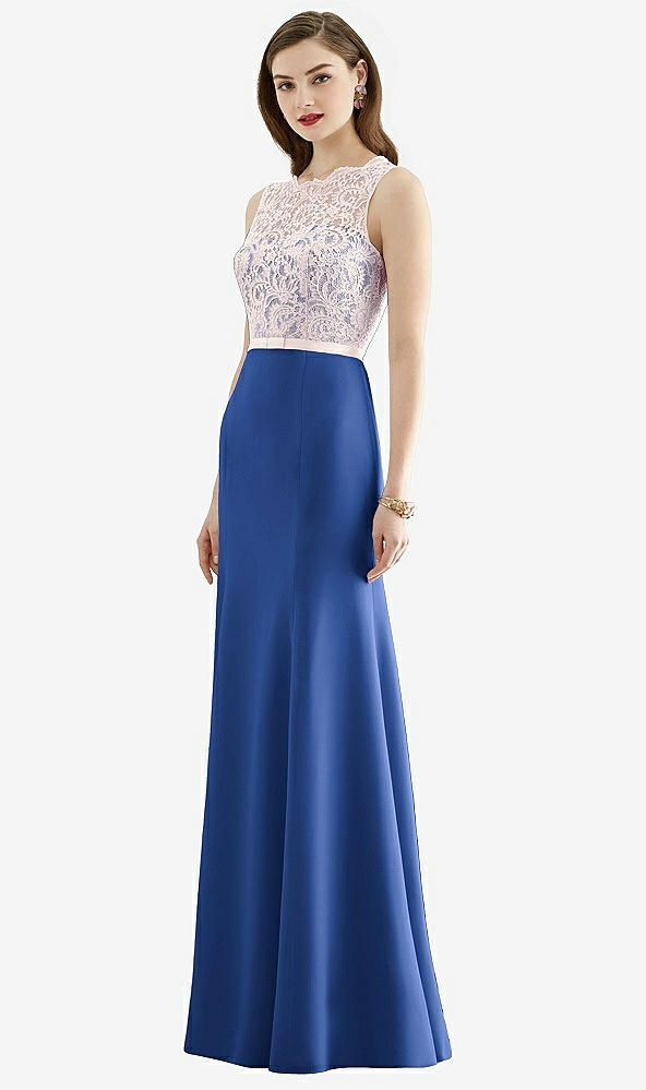 Front View - Classic Blue & Blush Lace Bodice Open-Back Trumpet Gown with Bow Belt