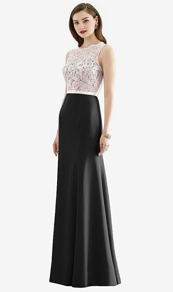 Front View - Black & Blush Lace Bodice Open-Back Trumpet Gown with Bow Belt