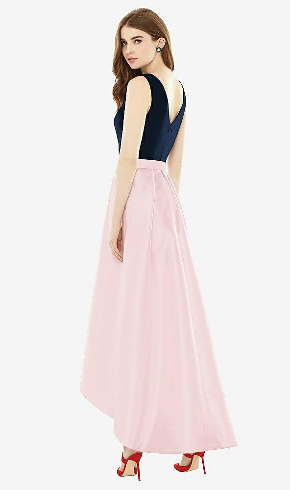 Back View - Ballet Pink & Midnight Navy Sleeveless Pleated Skirt High Low Dress with Pockets