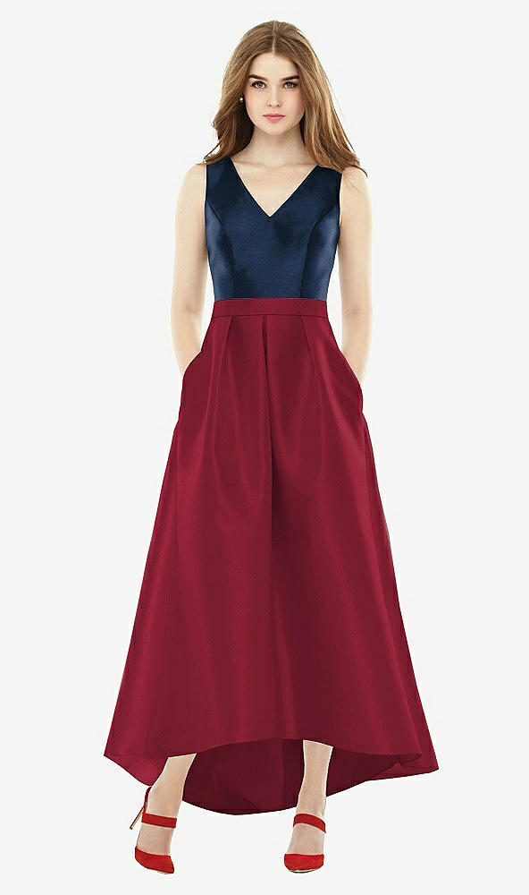 Front View - Burgundy & Midnight Navy Sleeveless Pleated Skirt High Low Dress with Pockets