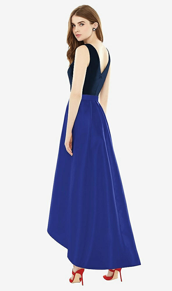 Back View - Cobalt Blue & Midnight Navy Sleeveless Pleated Skirt High Low Dress with Pockets
