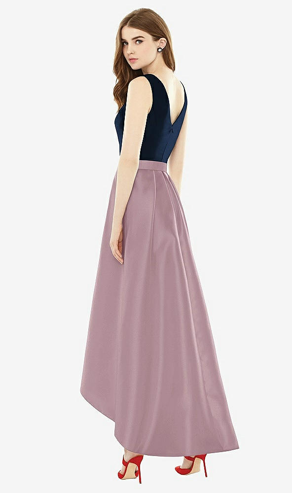 Back View - Dusty Rose & Midnight Navy Sleeveless Pleated Skirt High Low Dress with Pockets