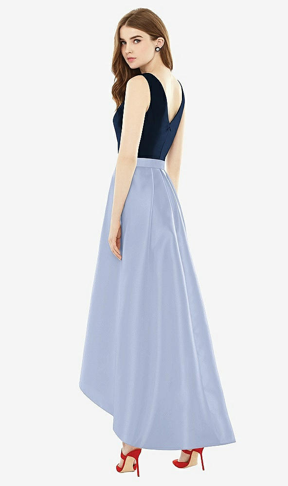 Back View - Sky Blue & Midnight Navy Sleeveless Pleated Skirt High Low Dress with Pockets
