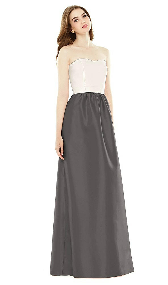 Front View - Caviar Gray & Ivory Full Length Strapless Satin Twill dress with Pockets