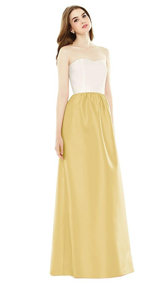 Front View - Maize & Ivory Full Length Strapless Satin Twill dress with Pockets