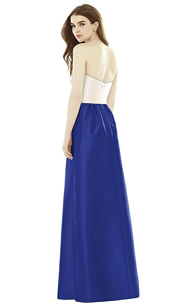 Back View - Cobalt Blue & Ivory Full Length Strapless Satin Twill dress with Pockets
