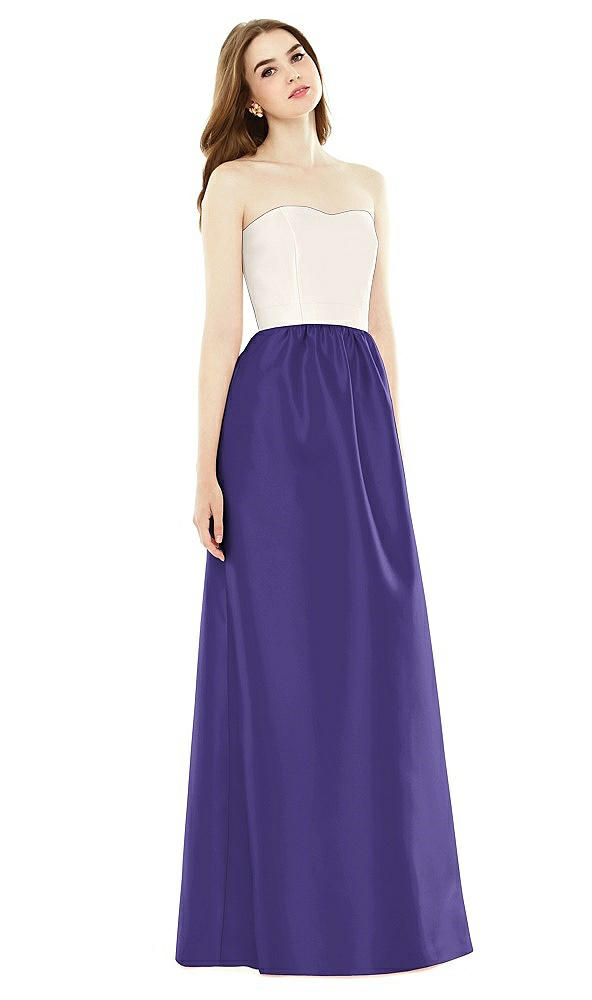Front View - Grape & Ivory Full Length Strapless Satin Twill dress with Pockets