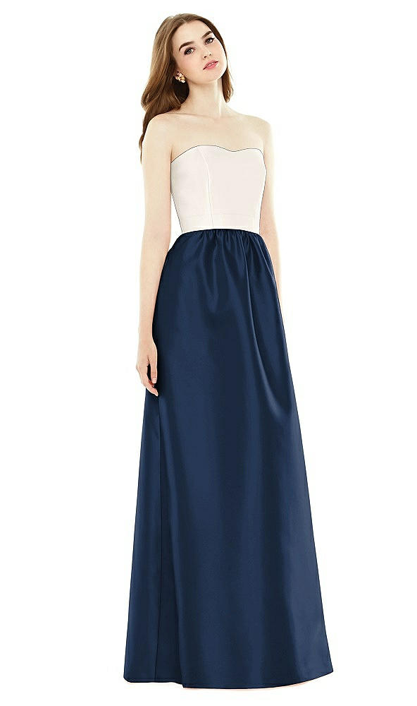 Front View - Midnight Navy & Ivory Full Length Strapless Satin Twill dress with Pockets