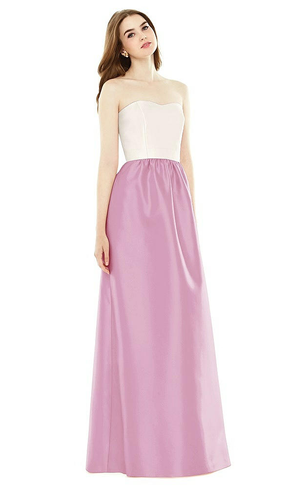 Front View - Powder Pink & Ivory Full Length Strapless Satin Twill dress with Pockets