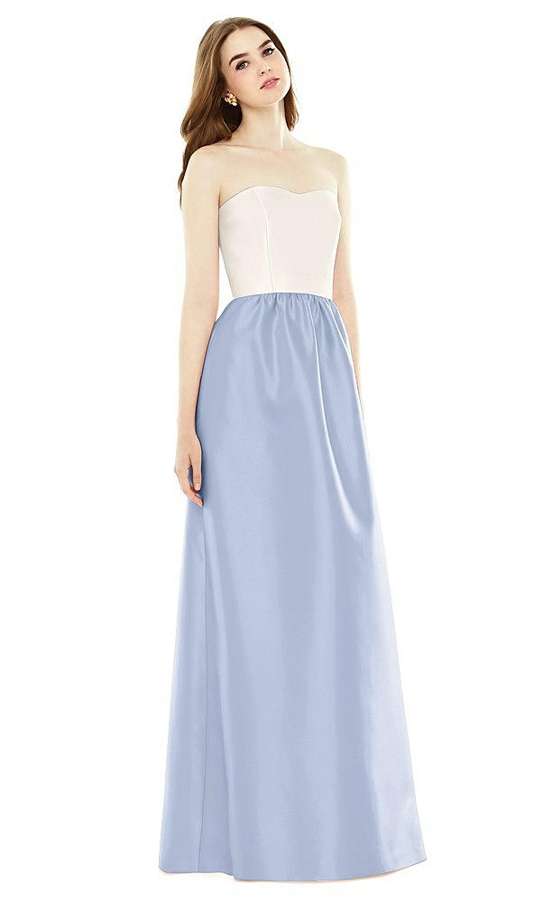 Front View - Sky Blue & Ivory Full Length Strapless Satin Twill dress with Pockets