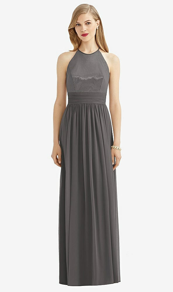 Front View - Caviar Gray Halter Lux Chiffon Sequin Bodice Dress
