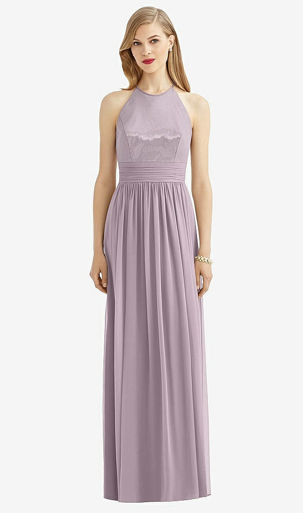 Front View - Lilac Dusk Halter Lux Chiffon Sequin Bodice Dress