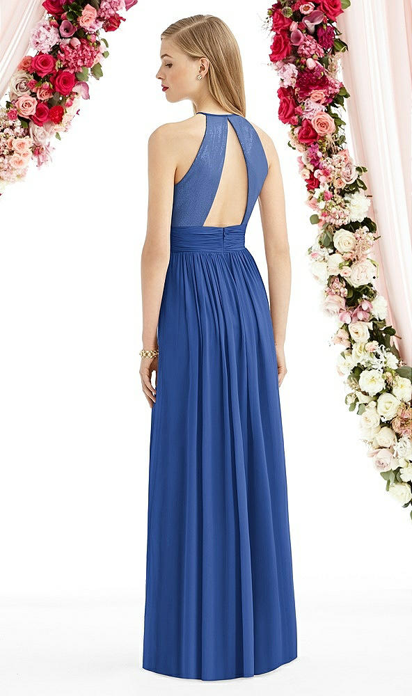 Back View - Classic Blue Halter Lux Chiffon Sequin Bodice Dress