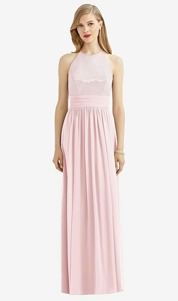 Front View - Ballet Pink Halter Lux Chiffon Sequin Bodice Dress