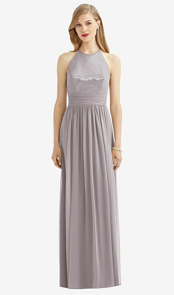 Front View - Cashmere Gray Halter Lux Chiffon Sequin Bodice Dress