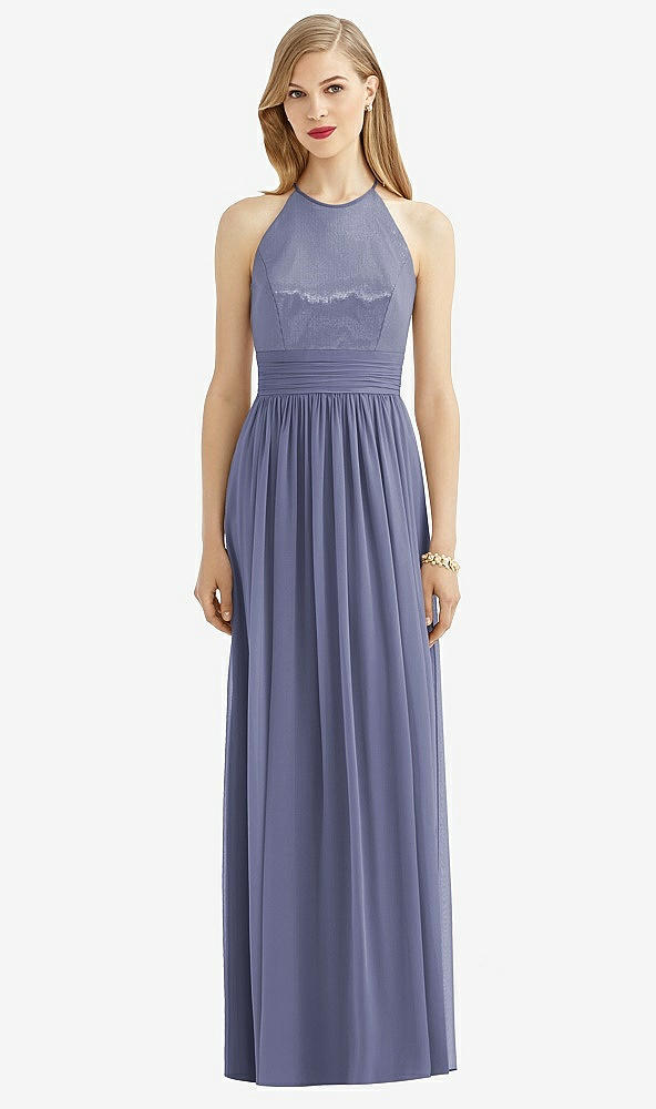 Front View - French Blue Halter Lux Chiffon Sequin Bodice Dress