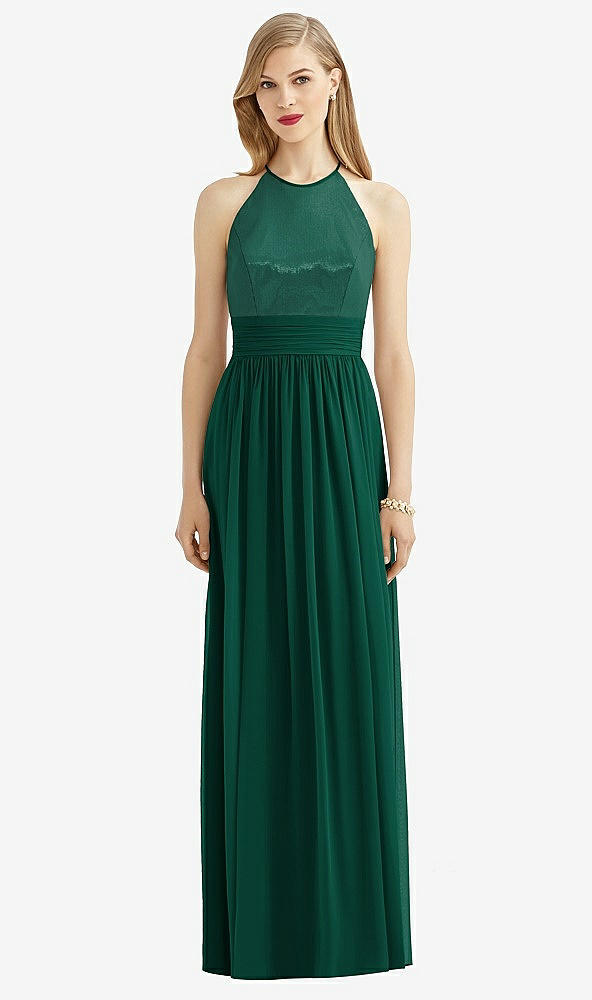 Front View - Hunter Green Halter Lux Chiffon Sequin Bodice Dress