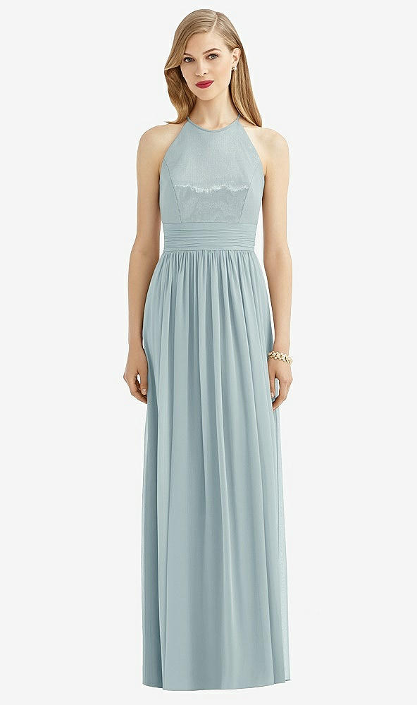 Front View - Morning Sky Halter Lux Chiffon Sequin Bodice Dress