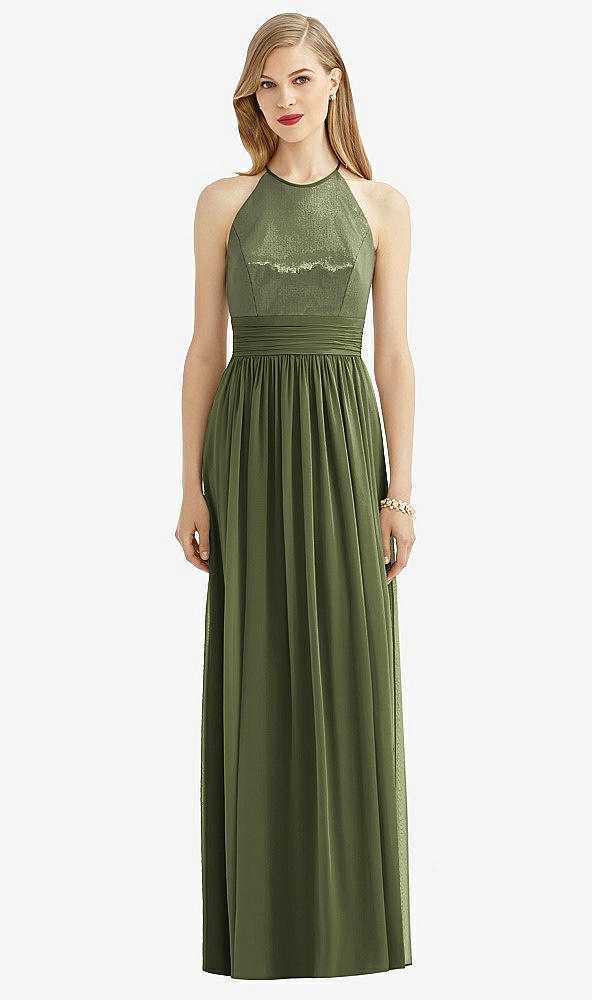 Front View - Olive Green Halter Lux Chiffon Sequin Bodice Dress