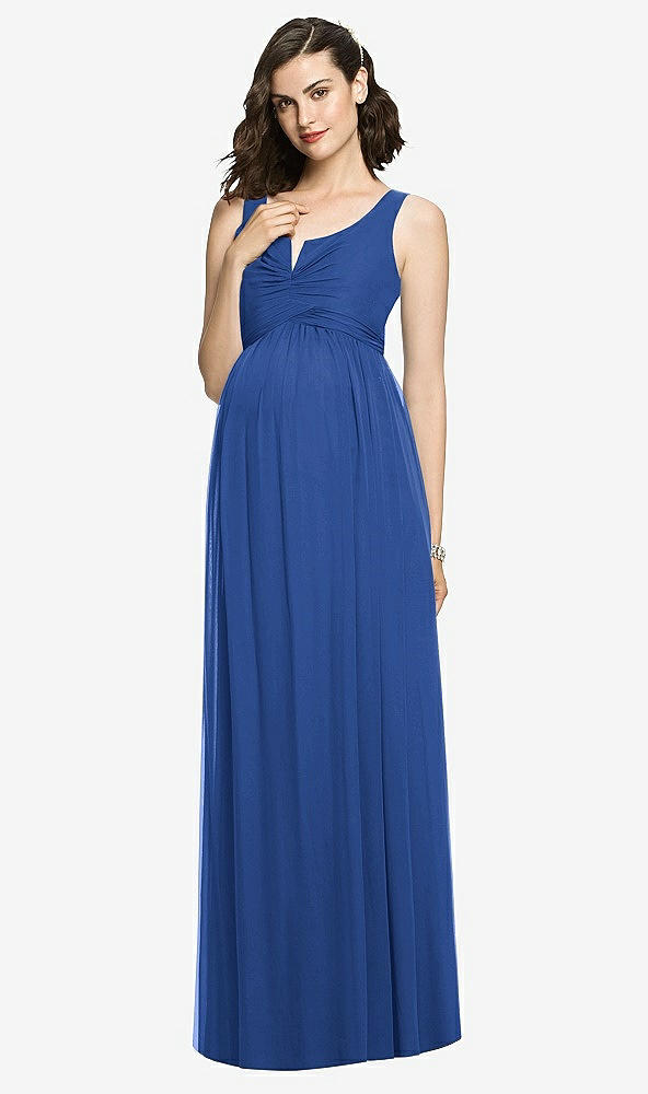 Front View - Classic Blue Sleeveless Notch Maternity Dress