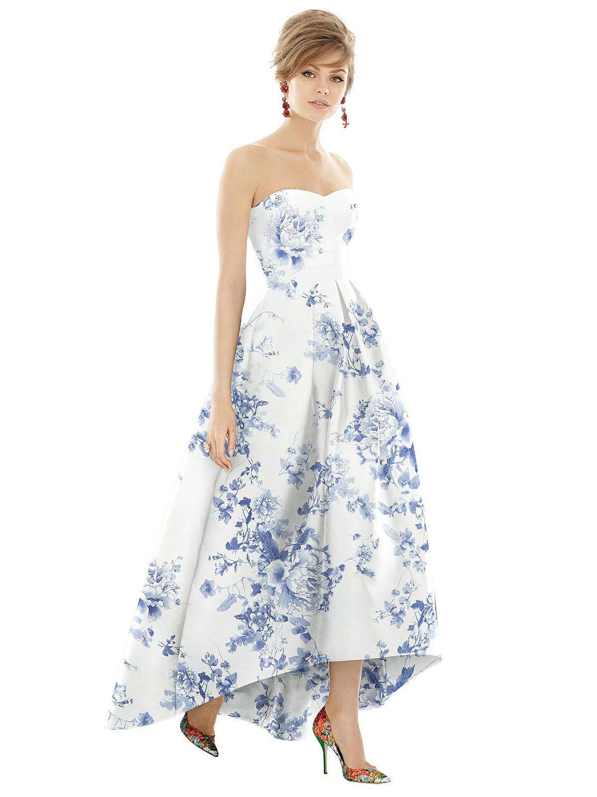 Strapless Floral Print Satin High Low Dress with Pocket