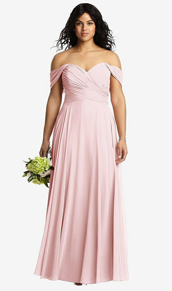 Front View - Ballet Pink Off-the-Shoulder Draped Chiffon Maxi Dress