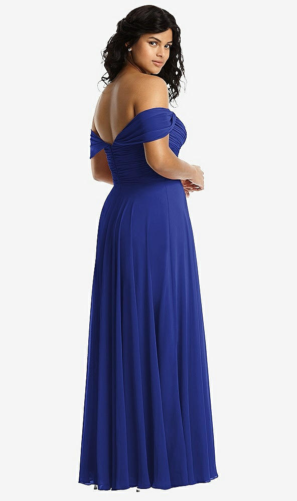 Back View - Cobalt Blue Off-the-Shoulder Draped Chiffon Maxi Dress