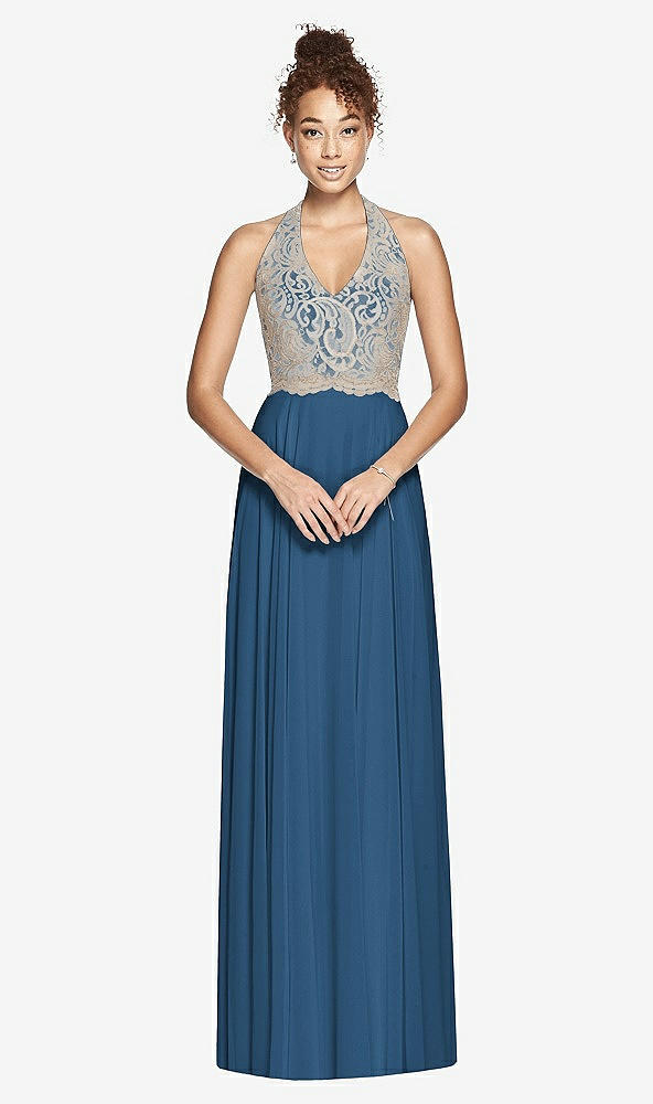Front View - Dusk Blue & Cameo Studio Design Collection 4512 Full Length Halter Top Bridesmaid Dress